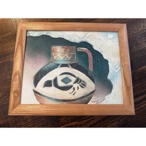 Connie Baker Pueblo Quail Native American Style Framed Stucco Art 15x12